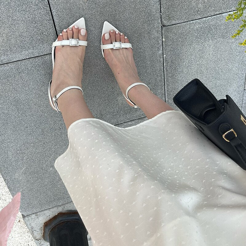 Pphmm White Sandals For Women Fashion Pointed Open Toe Ankle Buckle Strap Party Dress Gladiator High Heels Summer Shoes Ladies