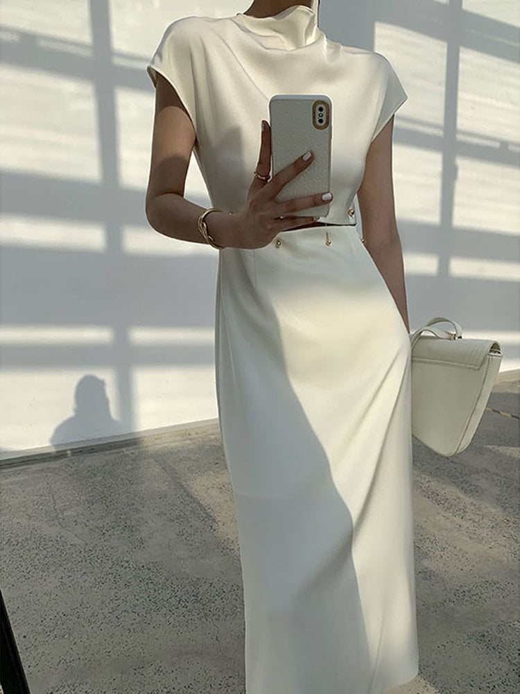 Elegant White Long Dress Female Round Neck Short Sleeve High Waist Cut Out Midi Dresses For Woman Clothing Fashion