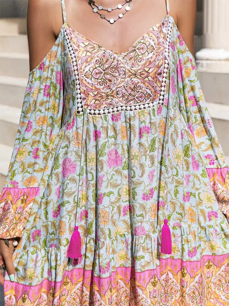 Boho Inspired floral print rayon mini boho dress for women off shoulder V-neck half sleeve bohemian boho beach summer dress