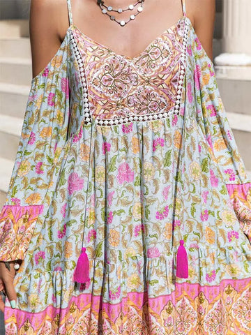 Boho Inspired floral print rayon mini boho dress for women off shoulder V-neck half sleeve bohemian boho beach summer dress