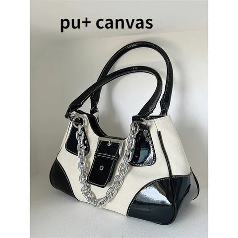 Vintage Sweet Cool Girls Canvas Underarm Bag Patent Leather Women's Metal Chain Shoulder Crossbody Bags Y2k Tote Purse Handbags