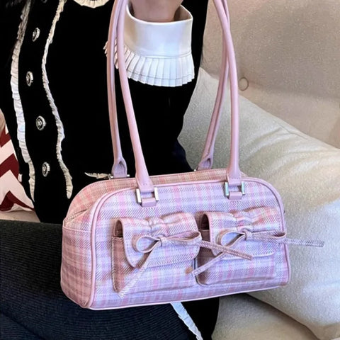 Pink Elegant Womens Shoulder Bag Plaid Bow Vintage Leather Cute Leather Handbag Casual Sweet Bow Exquisite New Armpit Bag