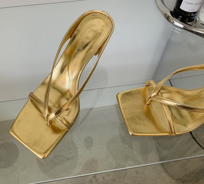 Golden Slipper Low High Heels Shoes Fall Best Street Look Females Square Head Open Toe Clip-On Strappy Sandals Women