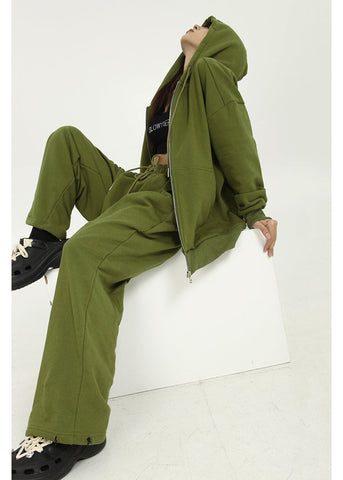 Women's Green Zipper Hoodie Long Sleeves Casual Baggy Wide Leg Long Pants Two Piece Set Vintage Sports Style Suit Ladies