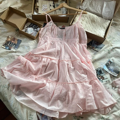 Women Floral Embroidery Pink Dress Summer Cotton Sleeveless Buttons Lace-up Short Vestidos Sweet Preppy Ruffles Dresses