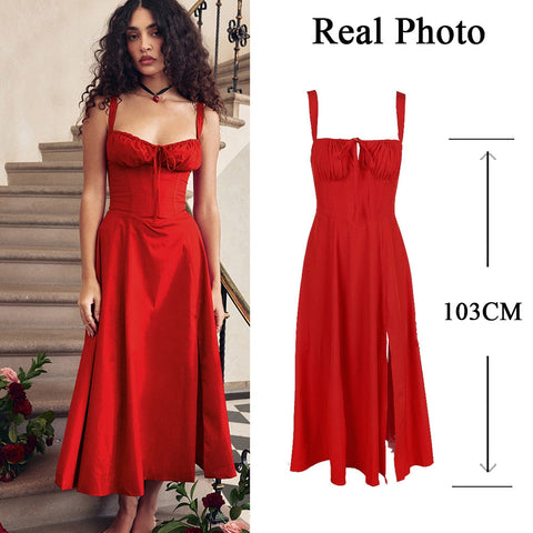 Elegant  A Line Midi Dress Sexy Spaghetti Strap Lace Up Red Holiday Party Dresses Split Summer Dresses Women