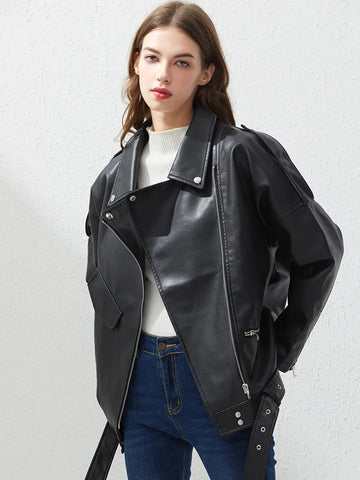 PU Faux Leather Jacket Women Loose Sashes Casual Biker Jackets Outwear Female Tops BF Style Black Leather Jacket Coat