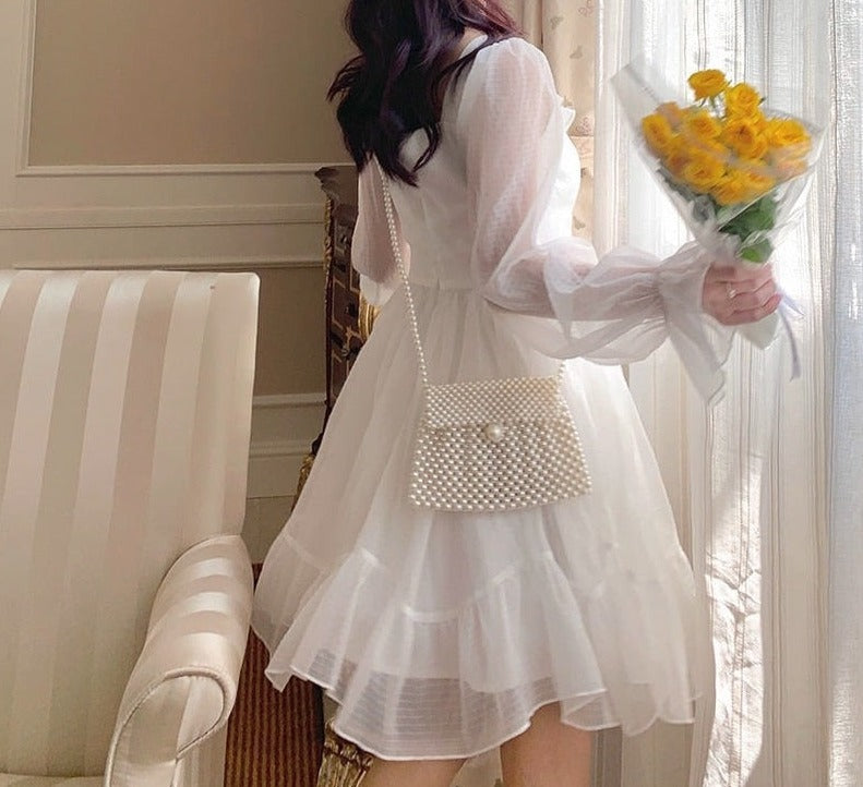 French Sweet Fairy Lolita Dress Women Long Sleeve Lace Y2k Mini Dress Vintage Kawaii Clothes One Piece Dress Korean Summer