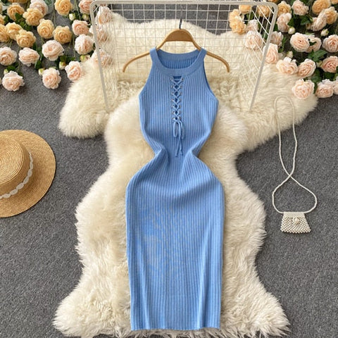 Halter Sleeveless Bandage Hollow Elastic Knit Bodycon Dress French Sexy Chic Elegant Party Vestido Women Summer Slim Women Dress