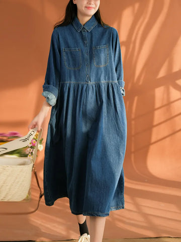 Autumn New Loose Retro Casual Commuter Outwear Mid Length Cotton Denim Large Pocket Solid Elegant Long Sleeve Dress