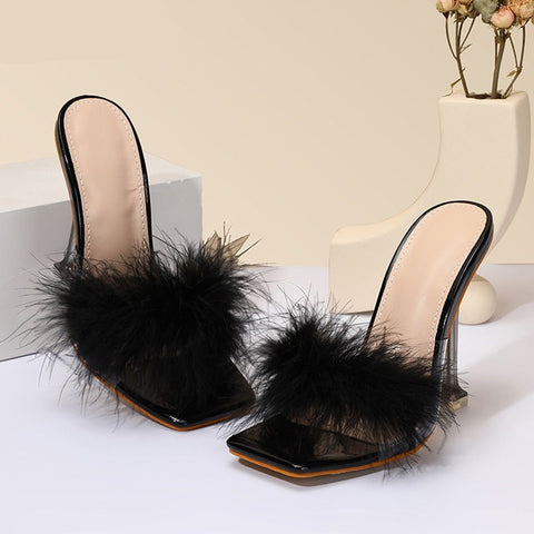 PVC Shoes Slippers Woman Feather Transparent High Heels Fur Pumps Square toe Mules Lady Slides