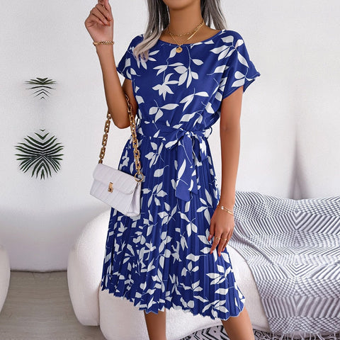 Fashion Floral Pleated A Line Long Dress Women Spring Summer Short Sleeve High Waist Chic Dress