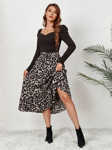 High Waist Leopard Midi Skirt For Women Casual Boho Printed Long Tulle Skirt Ladies Autumn New Chiffon A-line Skirt