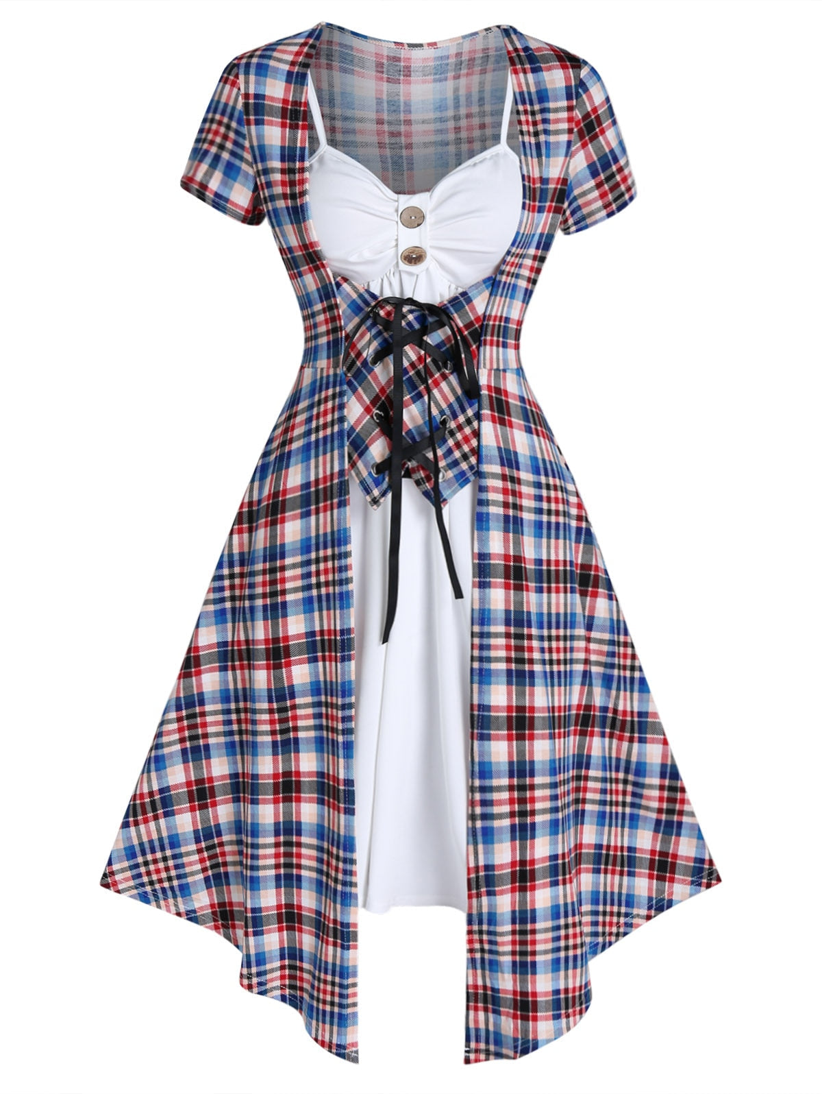 Plaid 2 In 1 Dresses  Short Sleeve Robe Plaid Print Faux Twinset Lace Up Vestido Feminino Vacation Party Streetwear