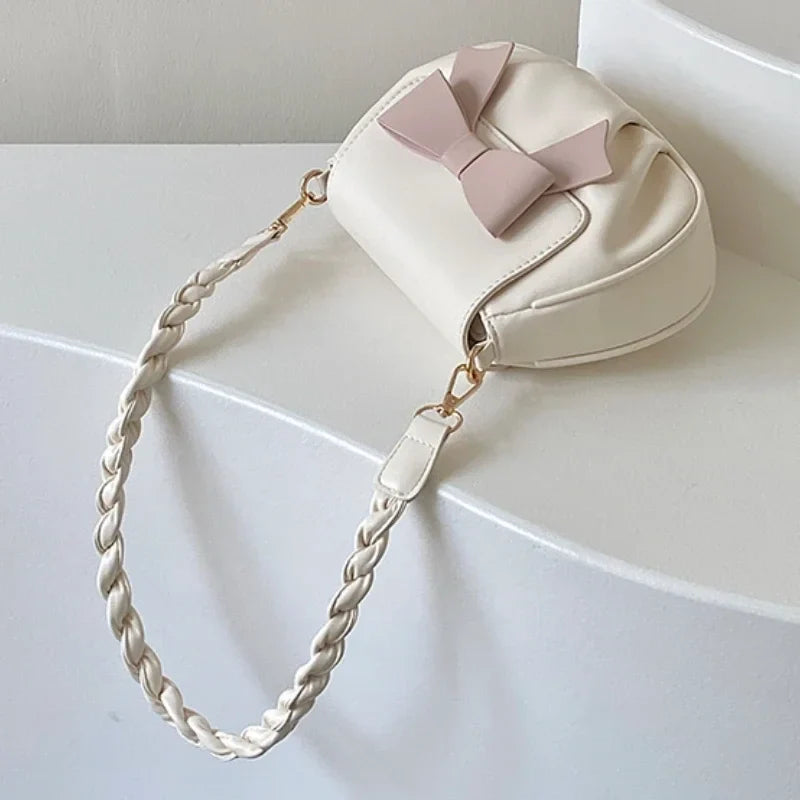 Sweet Bowknot Women Shoulder Bag Braided Strap Ladies Cute Underarm Bags Pleated PU Leather Female Purse Handbags Crossbody Bag