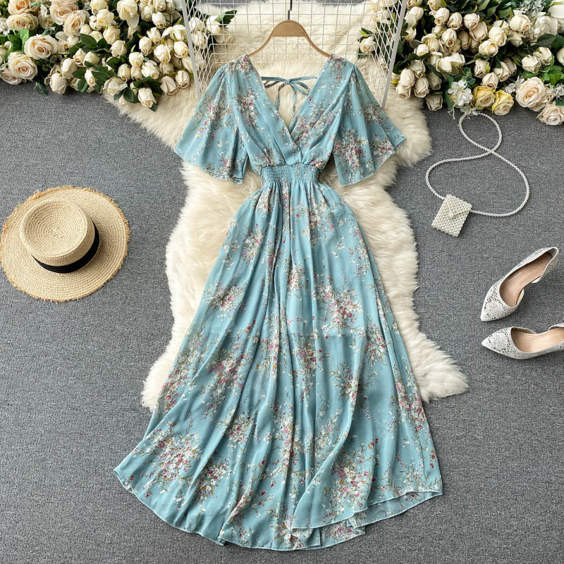 Retro Floral Print Ruffle Chiffon Elegant Midi Dress A-line V Neck Beach Vacation Dress Women Korean Fashion Summer Vestidos