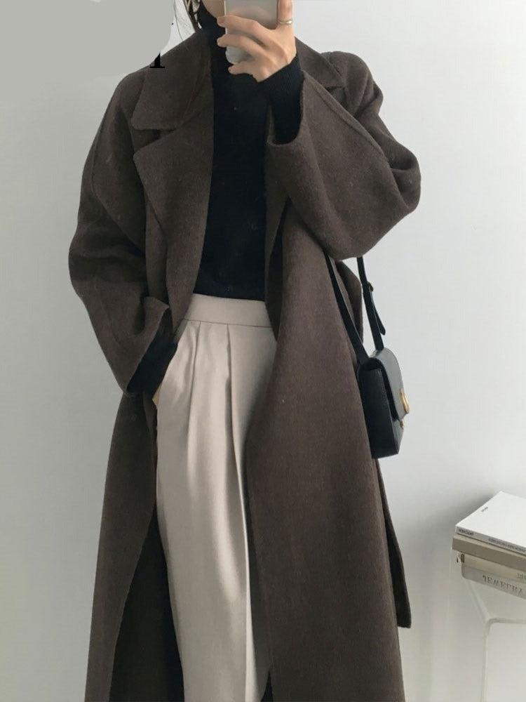 French Lazy Style Warm Female Fresh Winter Classical Belt Retro Loose Women Woolen Coats Chic Casual Long Coat Long