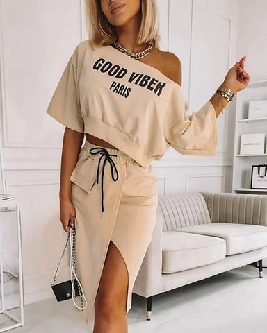 Spring Summer Women Clothes Set Good Viber Letters Printed Short Sleeve Loose O neck Sexy T Shirt Top Elastic Skirt