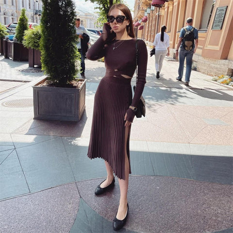 White Knit Two Piece Women Sets Fall Ribbed Crop Top And Pleated Knitted Skirt Suits For Women Midi Dress Sets