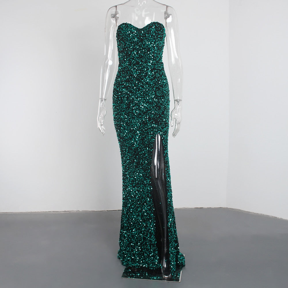 Sexy Split Sleeveless Stretch Sparkle Sequin Floor Length Party Dress Strapless Padded Bodycon Mermaid Maxi Dress Black