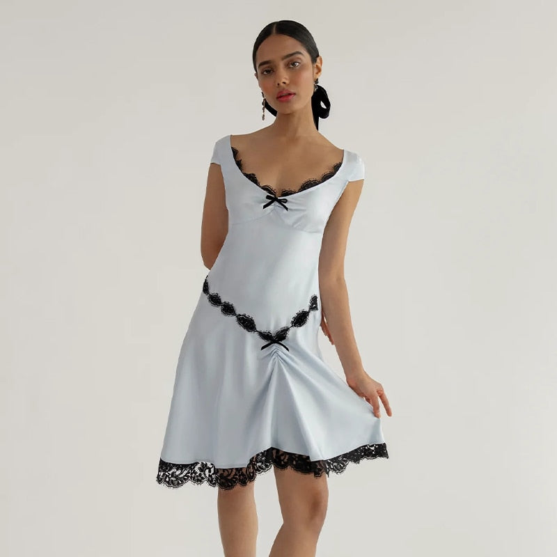 Elegant Lace Sleeveless Bow Satin Sexy Dress for Women Club Party Backless Tank Dresses Skinny Fashion Summer