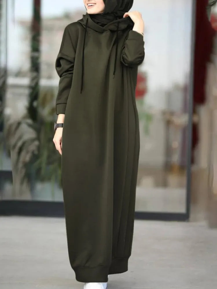 Muslim Dress Women Sweatshirt Dress Stylish Hoodies Long Sleeve Maxi Dress Female Casual Solid Hooded Vestidos Robe S-3XL