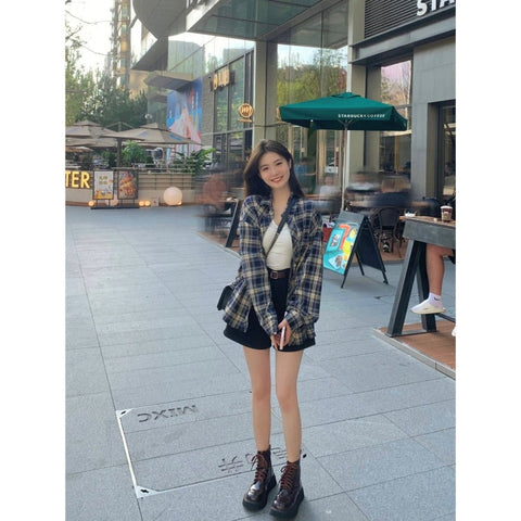 Plaid Shirt Lazy Style Retro Loose Shirt Cardigan Female Women's Shirt Coat Long Sleeve Autumn Spring Clothes South Korea