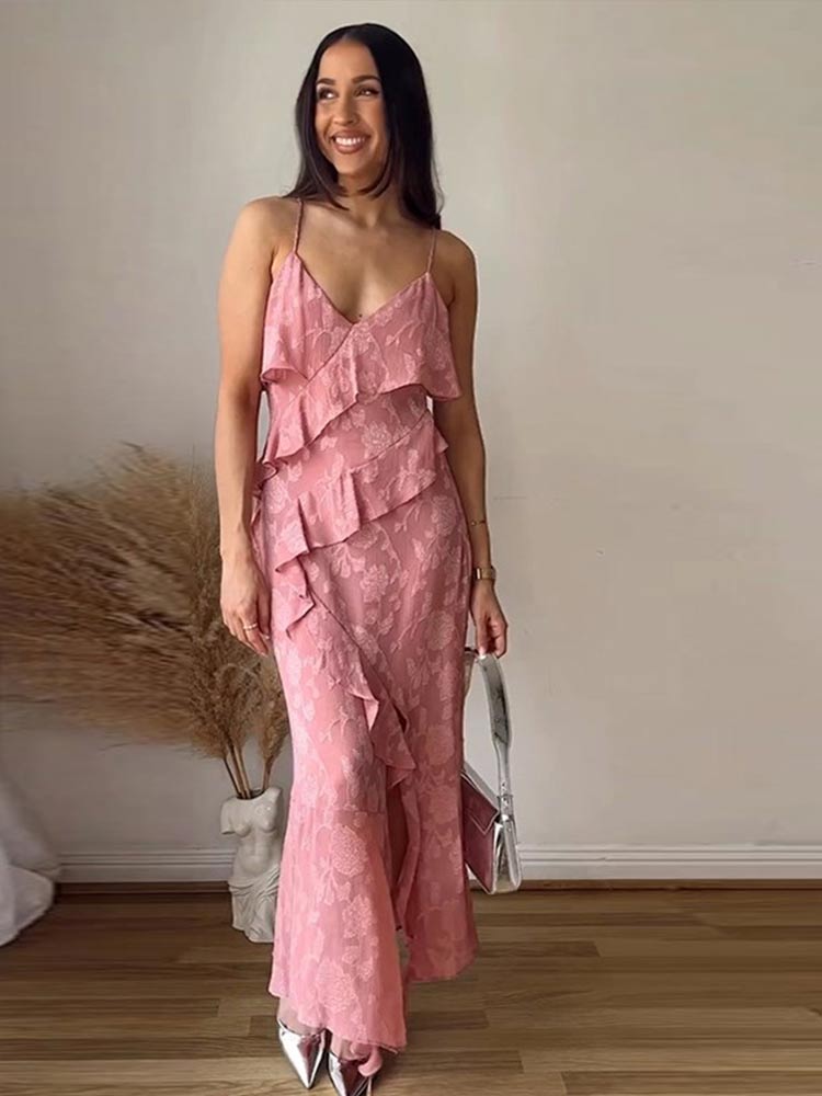 Elegant Ruffles Backless Printed Spaghetti Strap Maxi Dress Sexy V Neck Sleeveless Dresses Chic Split Female Vacation Vestiods