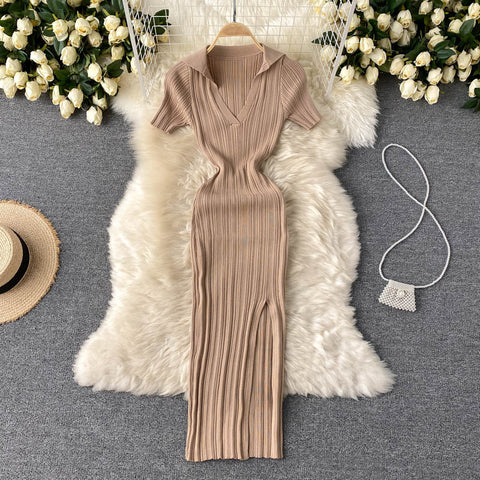 Chic Stripe Elastic Slim Elegant Split Wrap Bodycon Dress Sexy Short Sleeve Casual Lapel Women Fashion Knit Vestido Pencil Dress