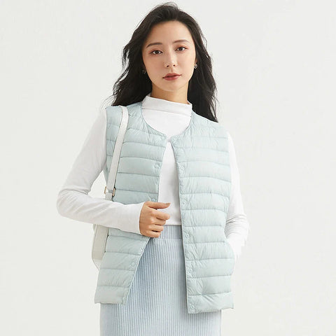 Winter Light Thin Down Short Vest Jacket Women 90% White Duck Down Warm Sleeveless Coat Single Slim Underwaist Outwear