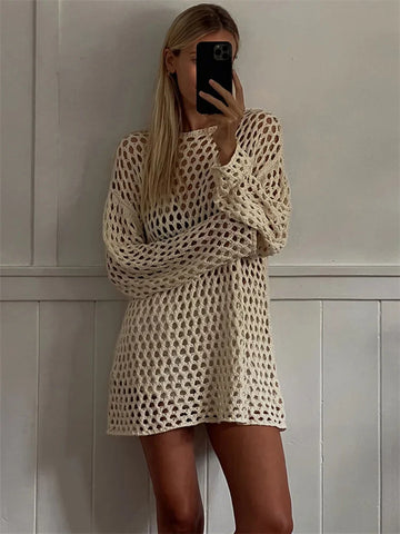 Knit Hollow Out Cover up Mini Dress For Women See-Through Loose Beach Holiday Clothes Summer Patchwork Knitwear Cover up