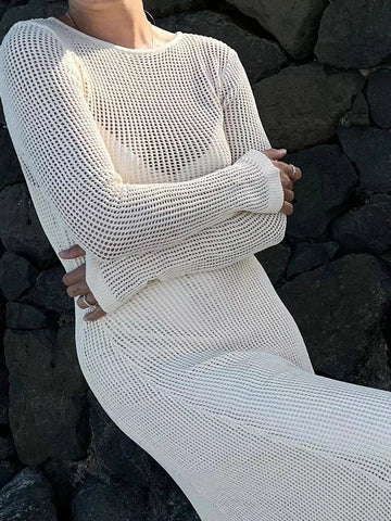 White Crochet Hollow Out Midi Dress For Women Long Sleeve Casual Dress Beach Holiday See-Through Summer Dress Cover-Up