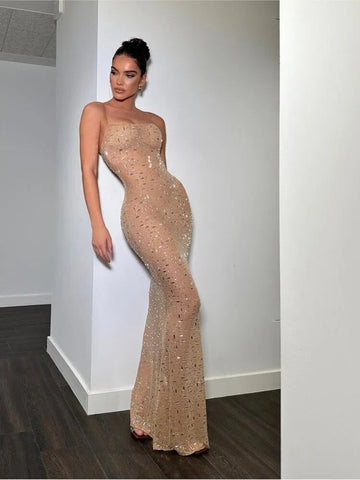 Elegant Sequins Strapless Mermaid Maxi Dress Women Sexy Off Shoulder Backless Wrap Waist Long Vestido Fashion Evening Party Robe