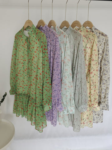 Summer Floral Print Chiffon Dress for Petite Women Sexy A-line Mini Dress with Flower Long Shirts Loose Women Ruffles Blouse Top