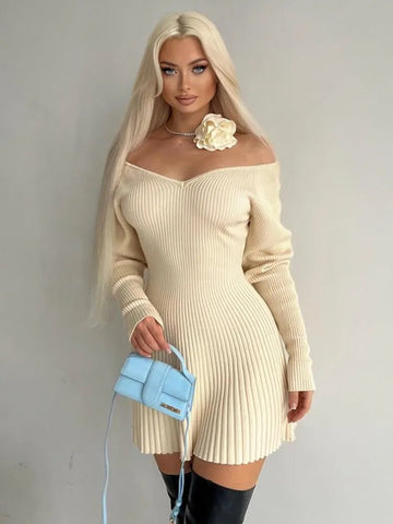 Elegant Knitted Sexy Club Women Dresses Long Sleeve Slash Neck Fashion Streetwear Solid Sheath Bodycon Vestidos Female