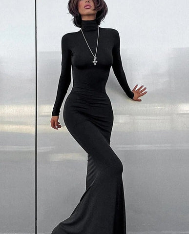 Maxi Bodycon Dress Women Long Sleeve Outfits Elegant Fashion Sexy Party Evening Club Wrap Black Winter Dress Turtleneck