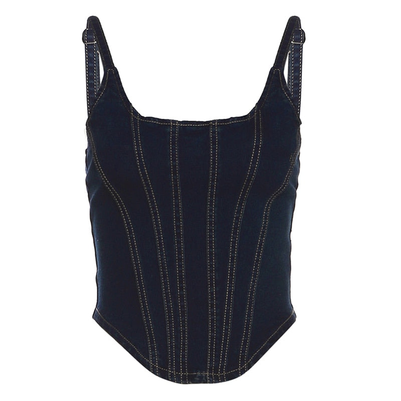 Women's Blue Denim Corset Halter Top Cotton Patchwork Wrap Adjustable Zipper Undershirt Suspender Vest Female Streetwear