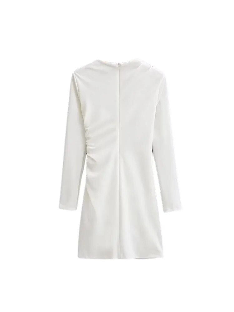 Female Summer Vintage Mini Dresses White O-Neck With Ruched Long Sleeve Zipper Elegant And Pretty Women's Sheath Dresses