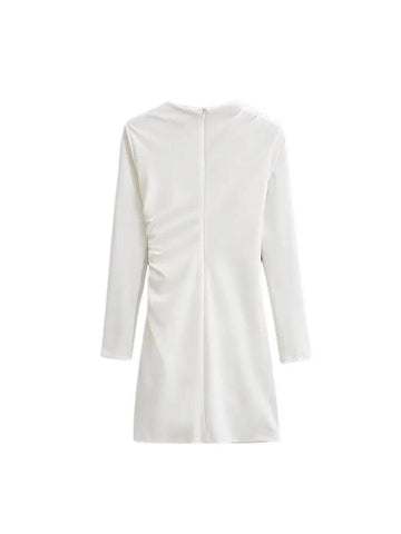 Female Summer Vintage Mini Dresses White O-Neck With Ruched Long Sleeve Zipper Elegant And Pretty Women's Sheath Dresses