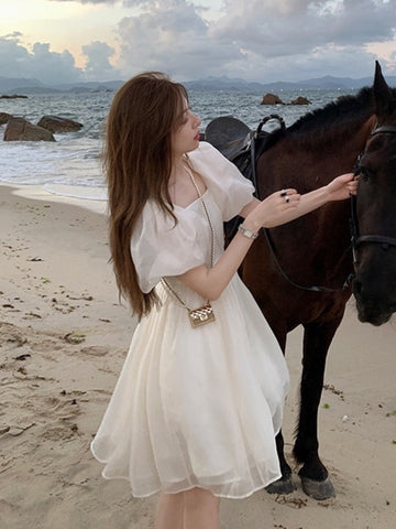 Harajuku Birthday Korean Beach Style Square Collar Short Puff Sleeve Chiffon Ball Gown Mini Dress for Women Party Summer