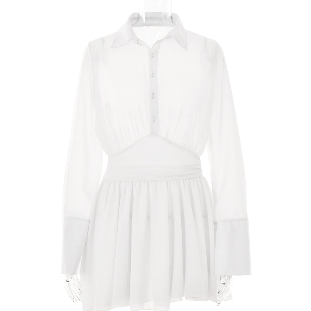 Sexy Women Chiffon Turndown Collar White Ruched Mini Dress Chic Single Breasted Longsleeve Slim Fall Dresses