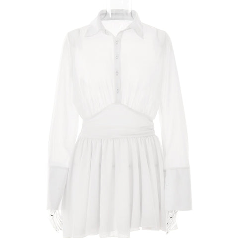 Sexy Women Chiffon Turndown Collar White Ruched Mini Dress Chic Single Breasted Longsleeve Slim Fall Dresses