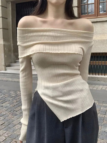 Off Shoulder Pullover Women Autumn Long Sleeve Knitted Tops Female Slim Slash Neck Knitwear Ladies Korean Style Thin Pullovers