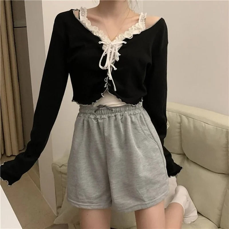 Women Long Sleeve T-shirts Lace-up Cardigan Patchwork Ruffles Trendy Sweet Lovely Crop Tops Sexy Females Coat Leisure Outwear