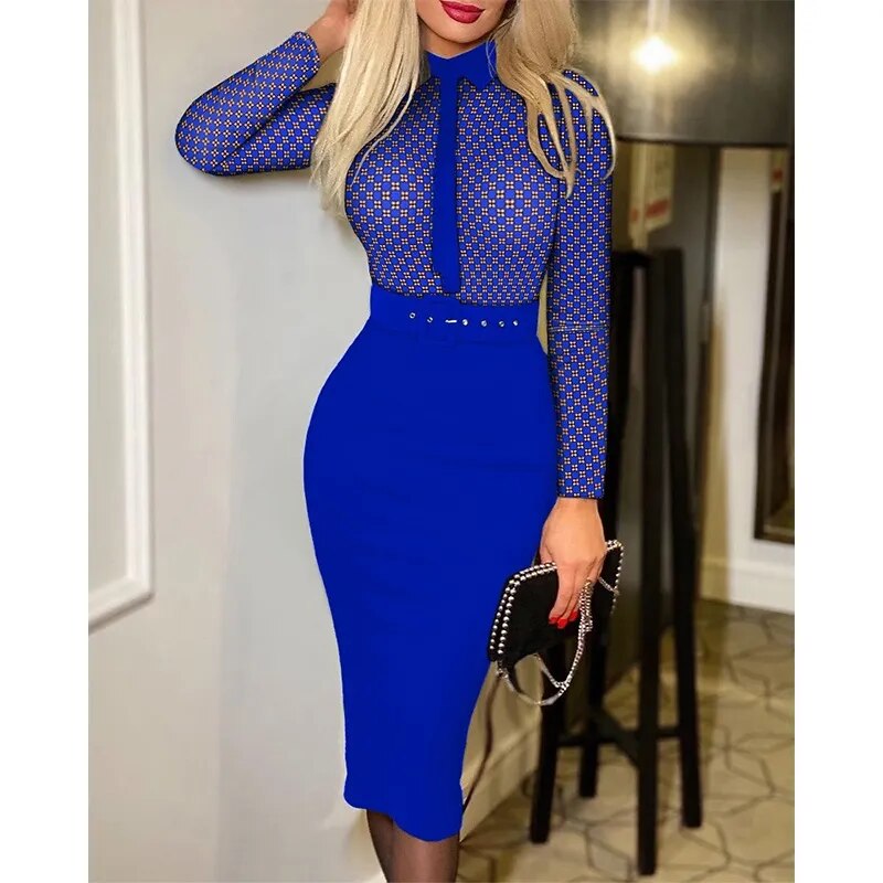 Office Lady Vintage Print Long Sleeve Belt Slim Bodycon Dress Women Summer New Elegant Fashion Commute Dresses Vestidos Feminino