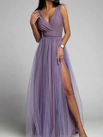 New Solid Lace Mesh Ladies Robe Dress Sexy Sleeveless Folds Maxi Birthday Dress Fashion V Neck Tunic Bandage Party Evening Dress