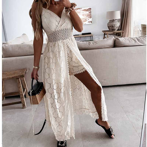 Boho Dress Women Summer Maxi Dress Lady Off Shoulder Holiday Lace V Neck Spaghetti Strap Sundress White Dress