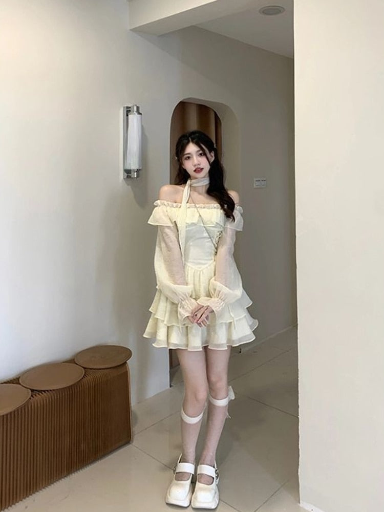 Long Sleeve Elegant Mini Dress Lolita Pure Color Short Party Dress Woman Casual Spring Sweet One Piece Dress Korean Fashion