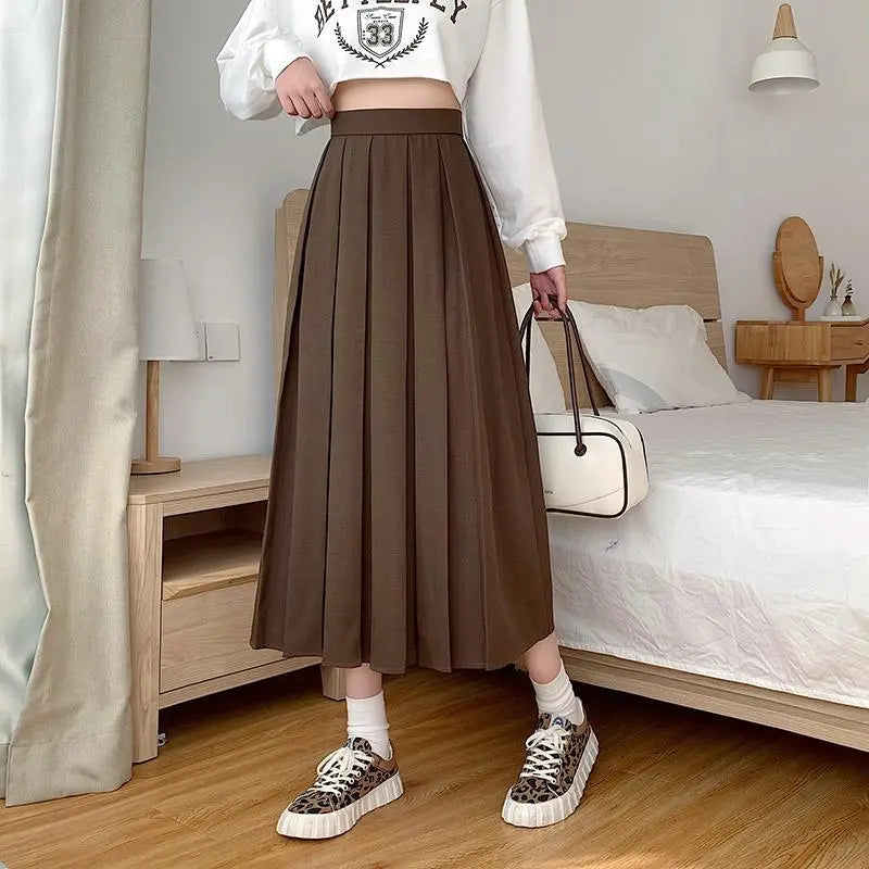 Vintage Brown Pleated Long Skirts Women Korean Fashion High Waist Chic Elegant A-line Midi Skirt for Girls Preppy Style