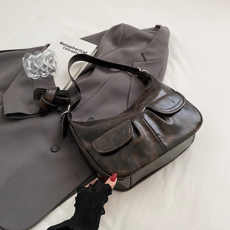 Fashion Double pockets Design Retro PU Leather Shoulder Bag for Women Female Crossbody Bag Underarm Bags Handbags